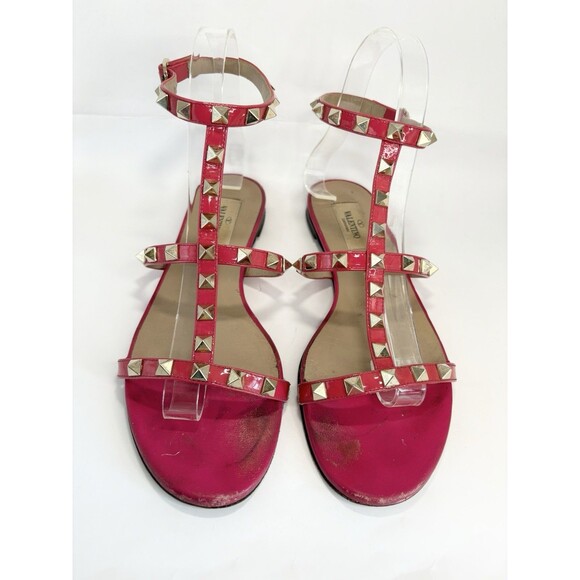 Valentino Garavani Rockstud Patent Leather Sandals Hot Pink Gold Stud Sz EU 37 7 - Picture 5 of 12